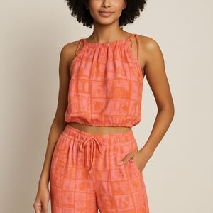 Vibrant Orange and Pink Patterned Set Sz S Vacation Resort Wear
